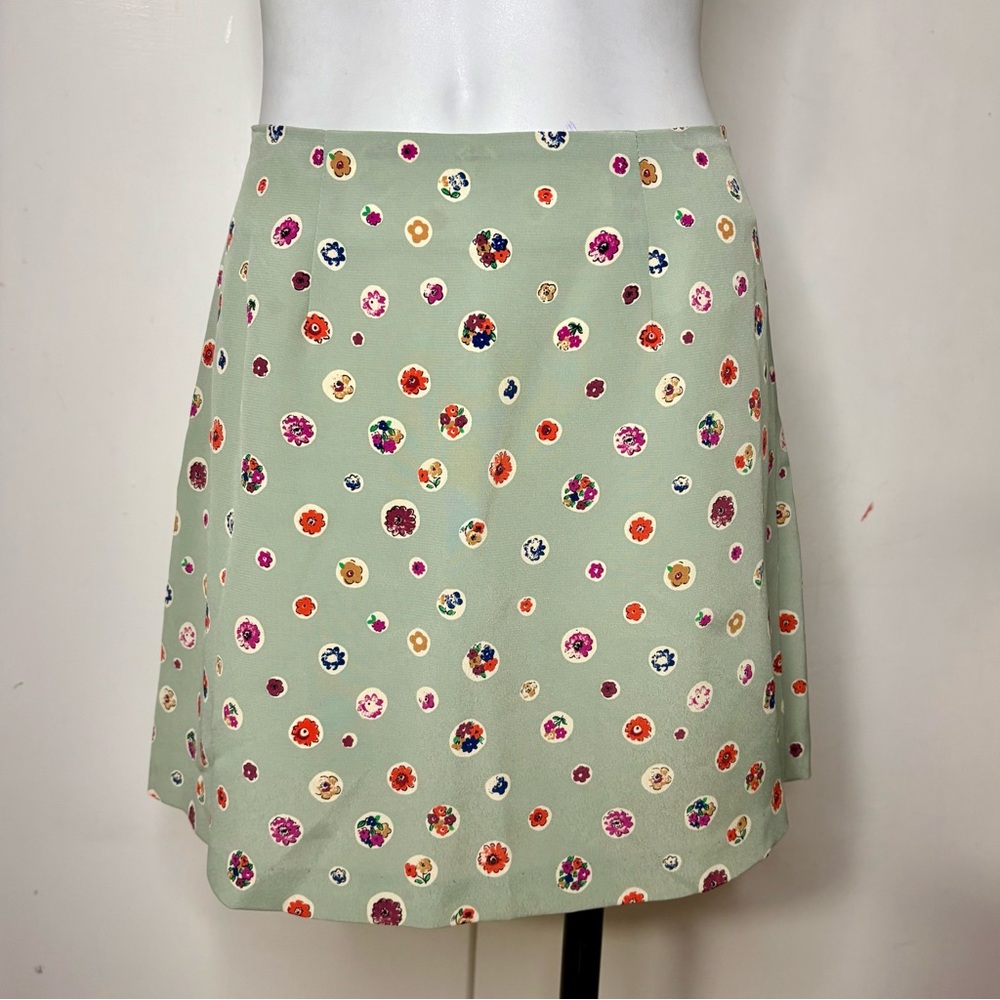 Vintage 90s Necessary Objects Sage Green Polka Dot Floral Mini Skater Skirt